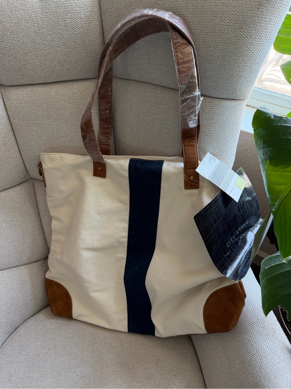 Serra Cream Canvas Tote with Navy Center Stripe and Brown Leather Accents
